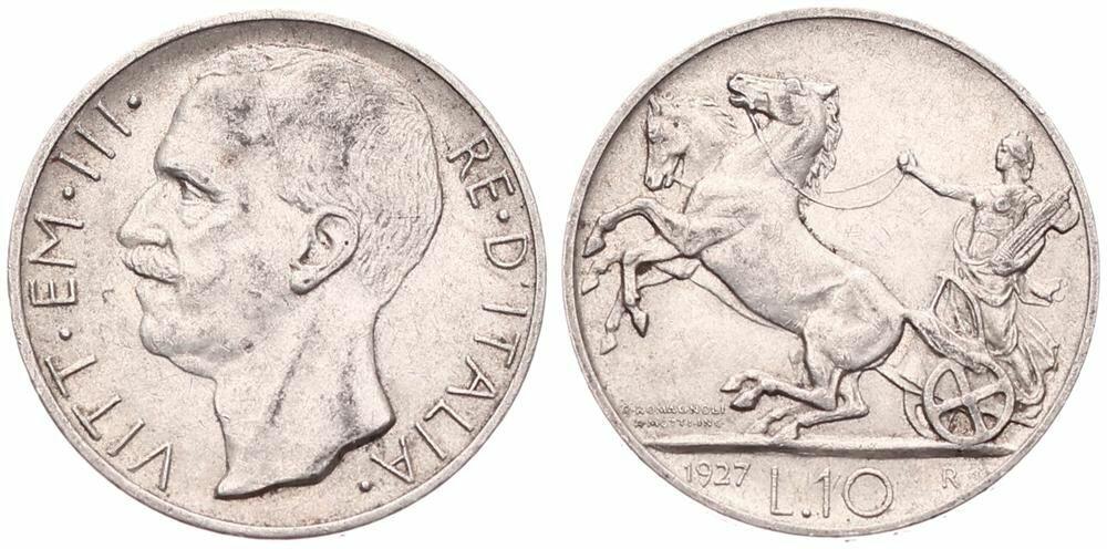  Italy, Kingdom, Vittorio Emanuele III, 10 Lire Silver 1927R, Head left, KM 68.1, A.XF   