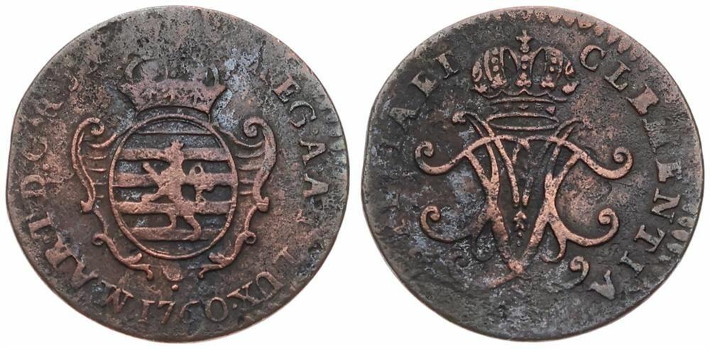  Luxembourg, Grand Duchy, Maria Theresia, 1 Liard Copper 1760, Crowned ornated shield, KM 3, RARE KEY   