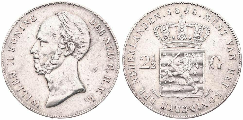  Netherlands, Kingdom, William II, 2-1/2 Gulden Silver 1848, Bearded head left, KM 69, A.XF   