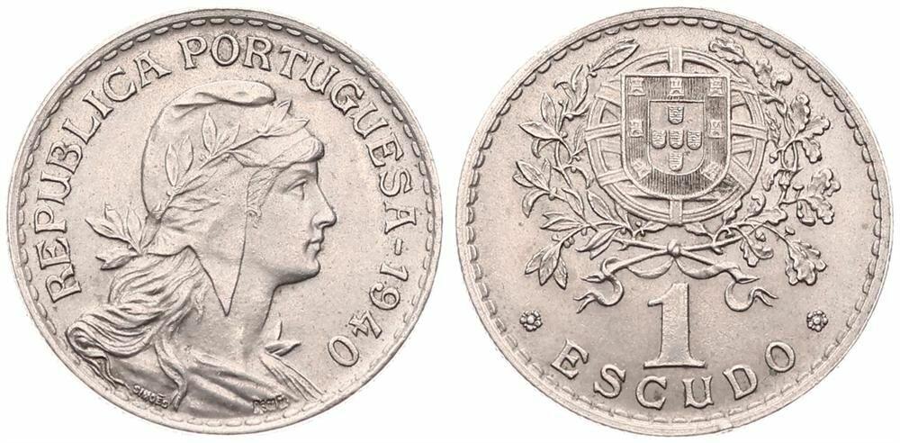  Portugal, Republic, 1 Escudo Copper-Nickel 1940, Liberty head right, KM 578, A.UNC   