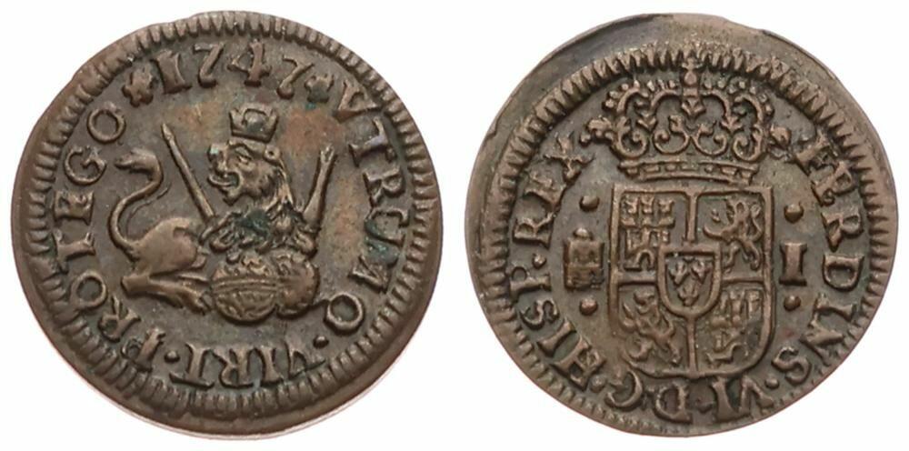  Spain, Kingdom, Ferdinand VI, 1 Maravedi Copper 1747, Crowned lion holding scepter and sword / Crown   