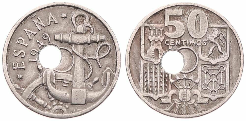  Spain, Kingdom, Franco, 50 Centimos Copper-Nickel 1949 (51), Value above center hole, KM 777, NICE E   