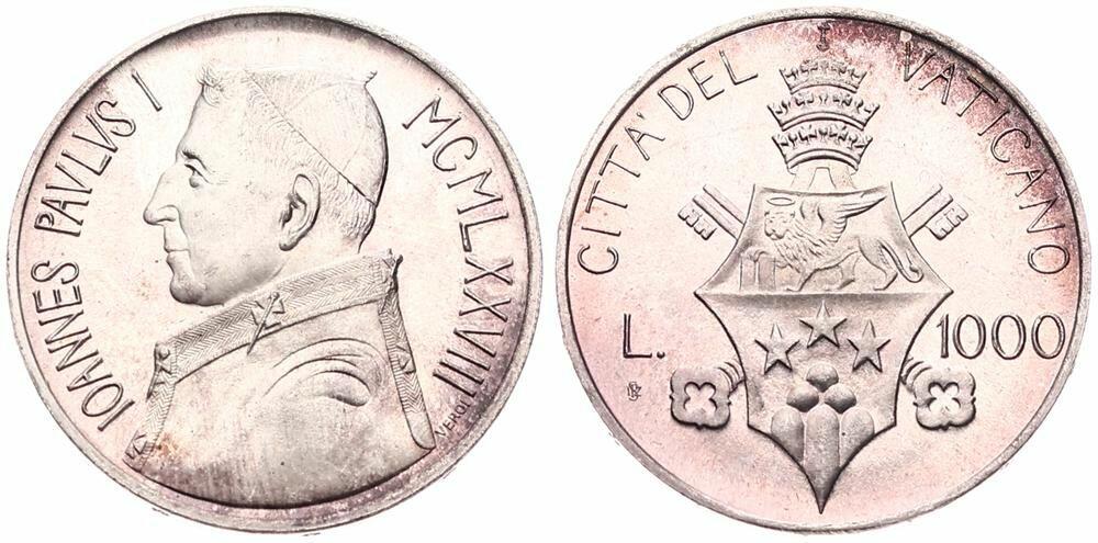  Vatican City, City State, 1000 Lire Silver 1978, Bust of Pope John Paul I left, KM 142, UNC   