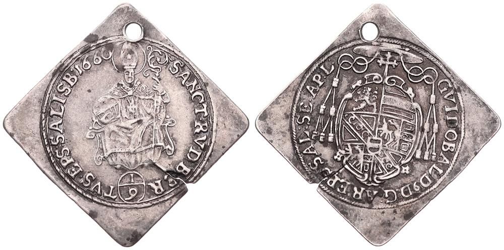  Austrian States, Salzburg, Guidobald, 1/9 Thaler Silver Klippe 1660, St. Rupert within circle, KM 18   