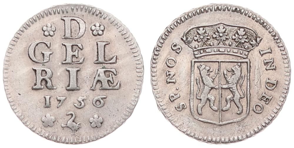  Netherlands, Gelderland Province, 1 Duit Silver 1756, Crowned arms of Gelderland, KM 88a, SCARCE, VF   