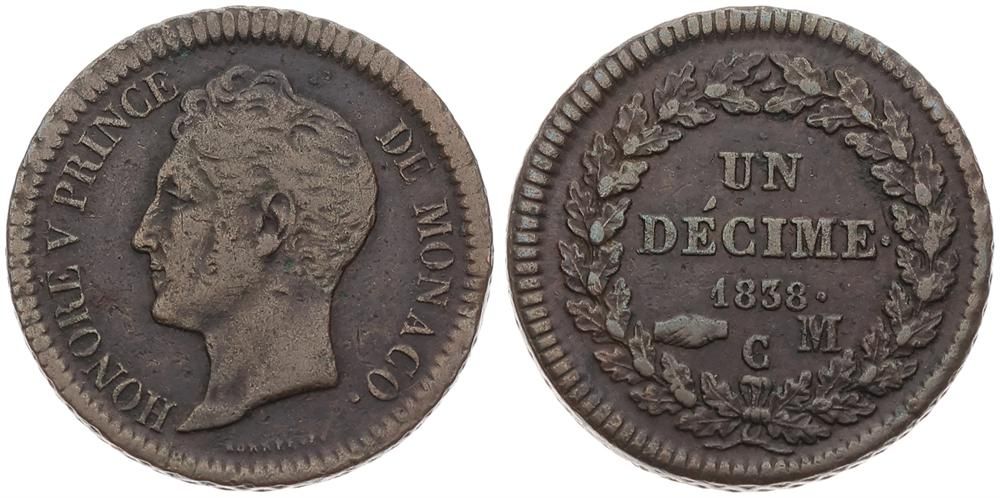  Monaco, Principality, Honore V, 1 Decime Copper 1838M C, Head left, KM 97.1, (wide rim), A.VF   