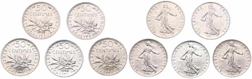  France, Republic, 50 Centimes Silver 1916, 1917, 1918, 1919 & 1920, Figure sowing seed, KM 854, all   