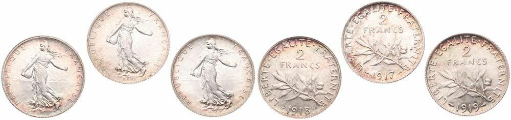  France, Republic, 3 x 2 Francs Silver 1917, 1918 & 1919, Figure sowing seed, KM 845.1, all UNC   