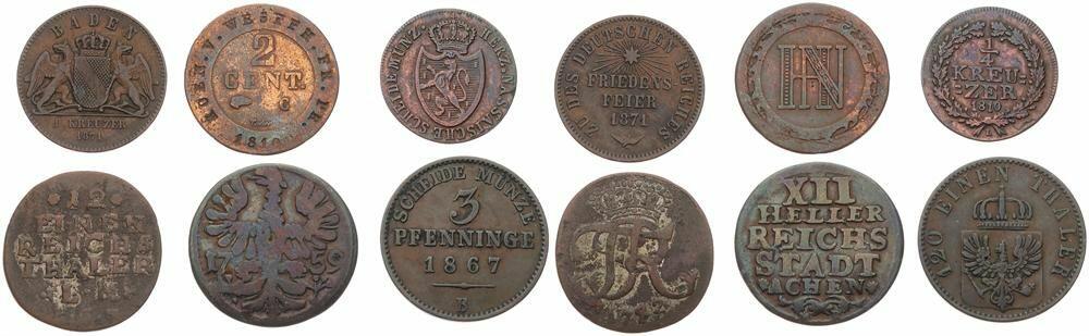  German States, Mixed States, Very nice lot with 6 different older copper circulation type coins incl   