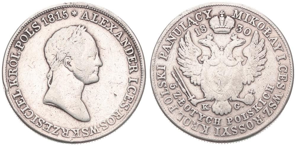  Poland, Kingdom, Alexander I, 5 Zlotych Silver 1830 KG, Laureate bust right, KM 116, Fine (slightly   