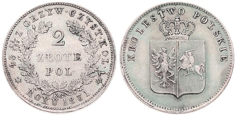  Poland, Revolutionary Coinage, 2 Zlote Silver 1831 KG, Crowned shield, KM 123, VF+   