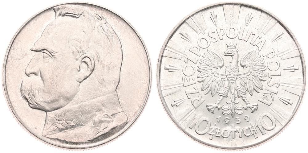  Poland, Republic, 10 Zlotych Silver 1939, Head of Jozef Pilsudski left, KM 29, UNC !   