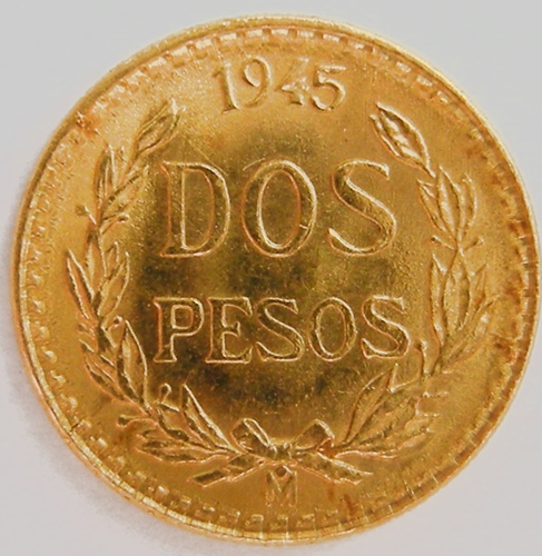  Mexico 2 Pesos 1945, Au 900, 1,5 g fein   