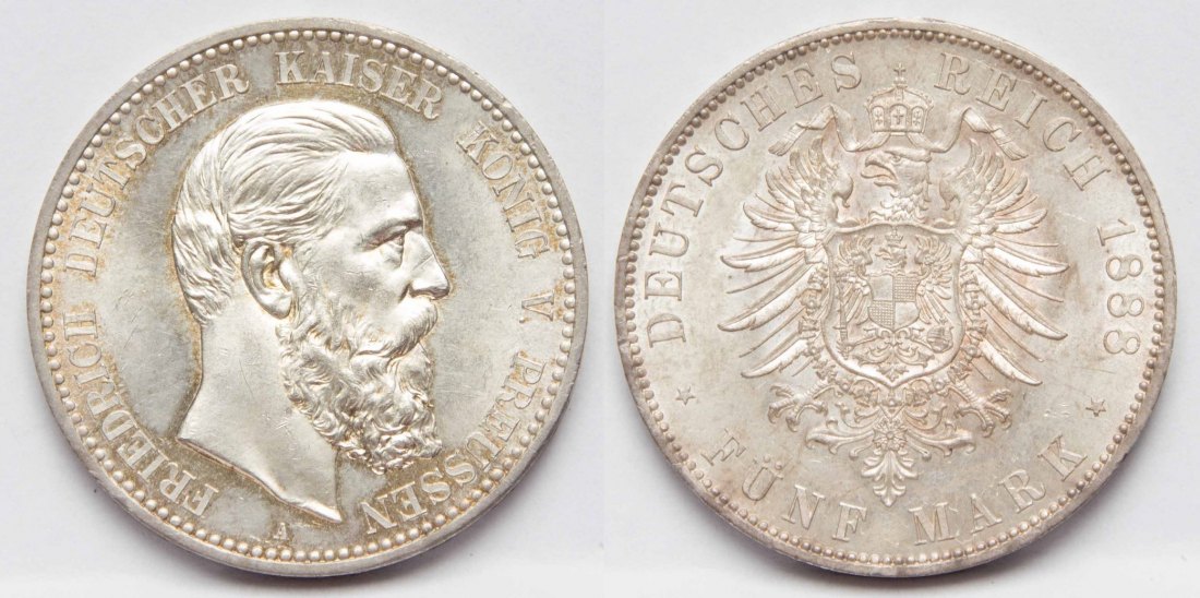  Kaiserreich Preussen 5 Mark 1888 A Friedrich III. 1888 stgl. Prachtstück   
