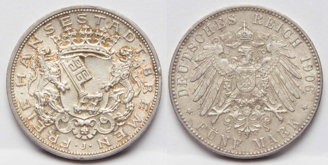  Kaiserreich Bremen Stadt 5 Mark 1906 J vz+   