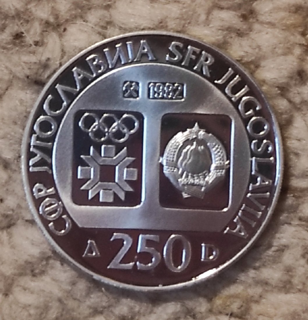  Jugoslavien 250 Dinara, 1982 SILBER XIV Olympische Winterspiele, Sarajevo 1984   