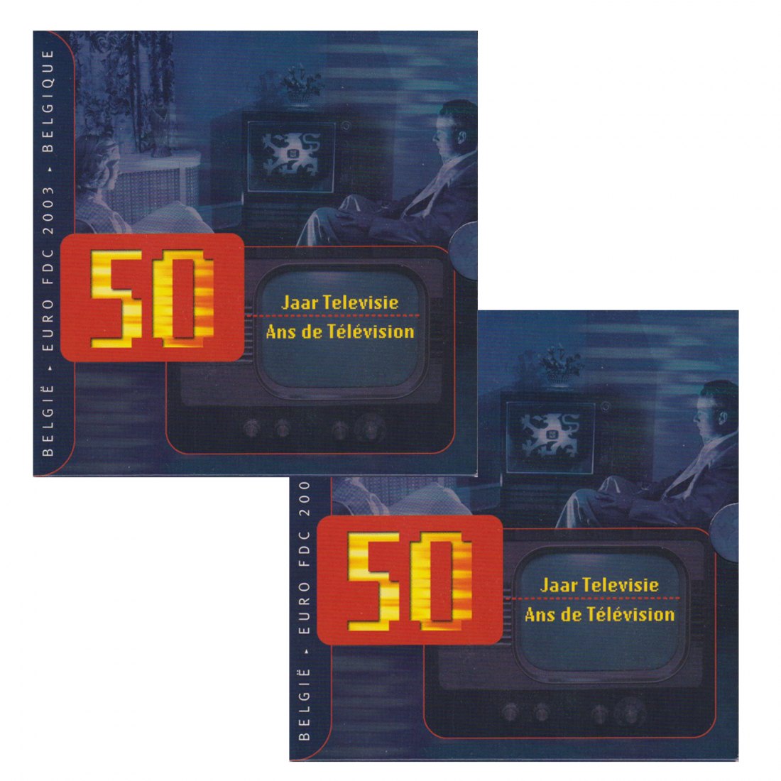  Offiz. 2x Euro-KMS Belgien *50 Jahre Fernsehen* 2003 3 Münzen nur in offiz. Foldern   