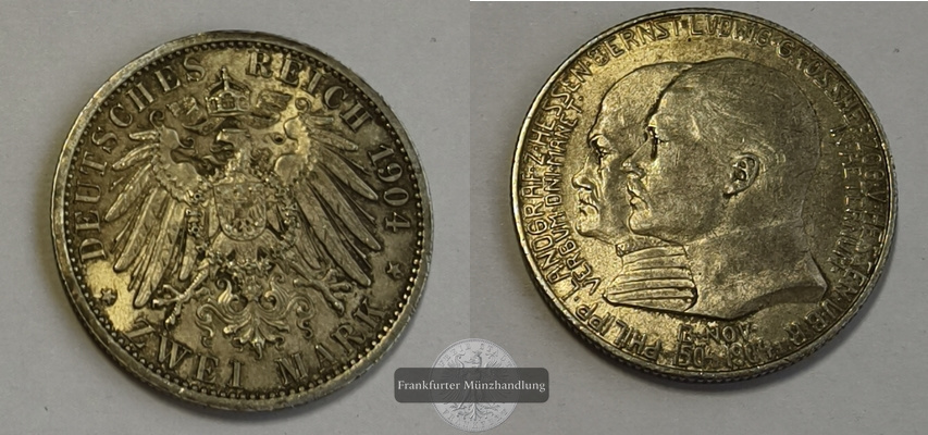  Großherzogtum Hessen-Darmstadt 2 Mark 1904 FM-Frankfurt Feinsilber: 9.99g   
