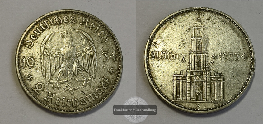  Deutsches Reich 2 Mark 1934 FM-Frankfurt Feinsilber: 5g   