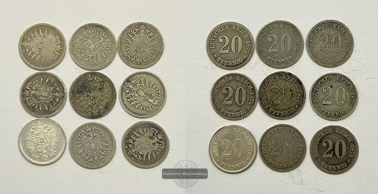  Deutsches Kaiserreich 9x 20 Pfennig 1873/76 FM-Frankfurt Feinsilber: 8,6g   