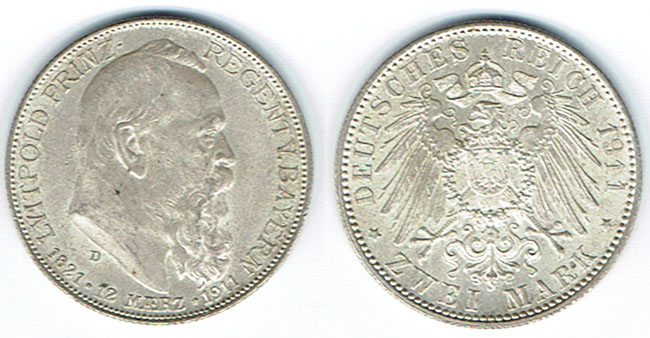  SZAIVERT KAISERREICH BAYERN PRINZREGENT LUITPOLD 2 MARK 1911   