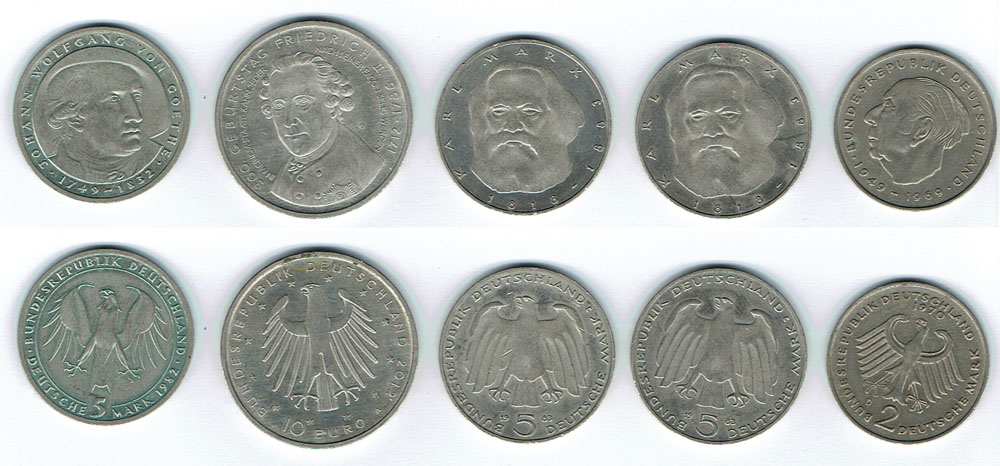  SZAIVERT BUNDESREPUBLIK DEUTSCHLAND KARL MARX FRIEDRICH II, GOETHE ADENAUER 2 DM 5 DM 10 EURO   