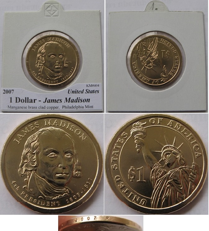  2007, USA, Presidential  $ 1 coin – James Madison   