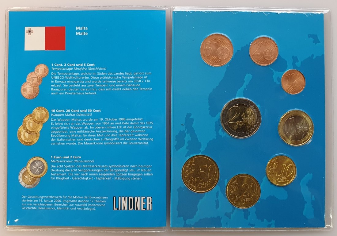  Europa Malta KMS 2008 Kursmünzensatz 8 Münzen Nominalwert 3,88 Euro im Lindner Mäppchen   