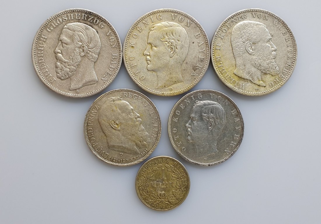 Kaiserreich 6 Münzen alle sehr schlechter Zustand Münzschrott 109,5 Gramm Feinsilber