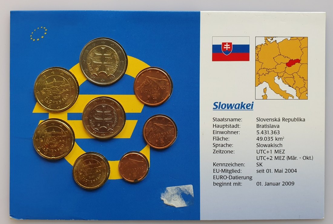 Europa Slowakei Euro KMS Kursmünzensatz 2009 Nominalwert 3,88 Euro im Blister