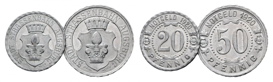  Bayern, Augsburg Stadt Strassenbahn, 20/50 Pfennig 1920; Menzel 1079.1/2 (2 Stück)   