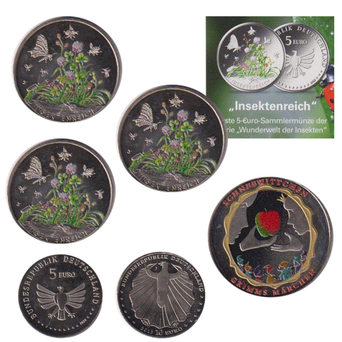  Offiz. 3x 5-€-Farbmünze BRD *Insektenreich* 2022 + 10-€-Farbmünze *Schneewittchen* 2013   