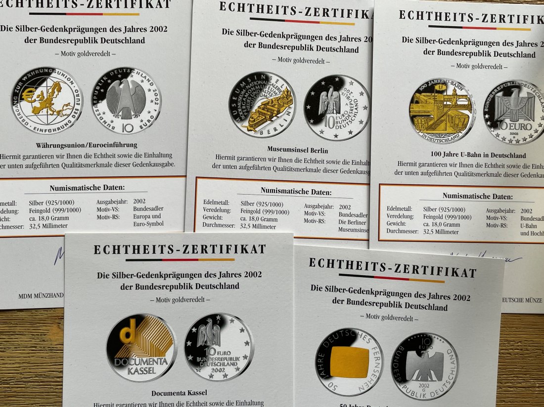  10 Euro 925er silber Kpl. Jahrgang 2002 teilvergoldet Zertifikate   