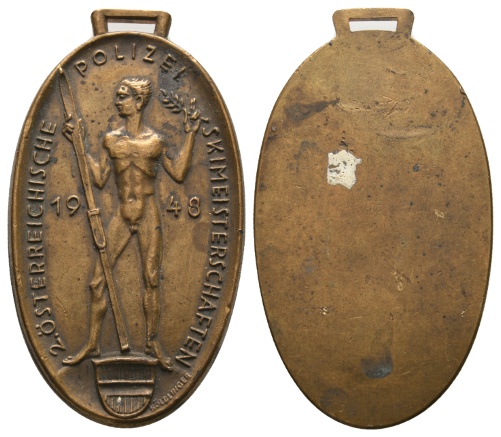  Österreich, Skimeisterschaft der Polizei, Bronzemedaille 1949; tragbar, 26,60 g; 52,3 x 31,8 mm   