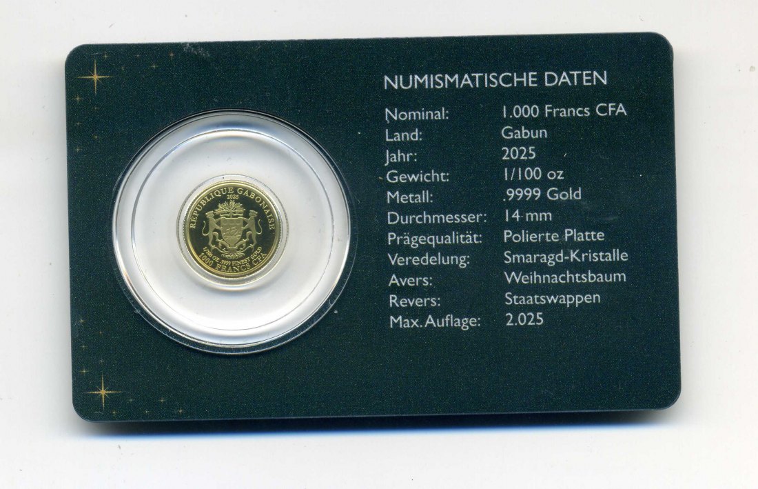 Gabun 1000 Francs Weihnachtsbaum 0,31 Gramm Feingold mit echten Smaragd Kristallen