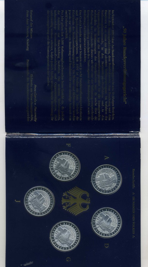  5 x 10 DM 2001 Bundesverfassungsgericht PP im Folder A,D,F,G+J 77,5 Gramm 925er Silber   