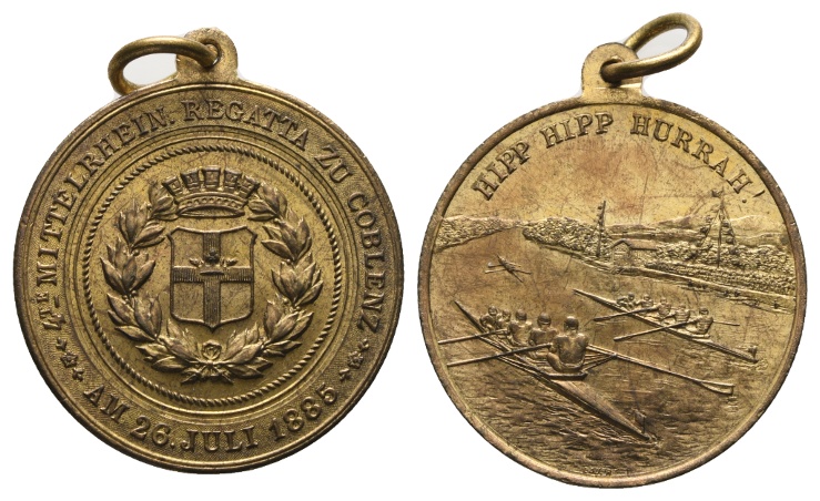  Regatta zu Coblenz, Bronzemedaille 1885; vergoldet, tragbar; 18,09 g; Ø 33,3 mm   