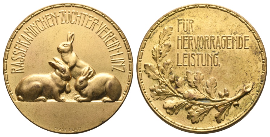  Rassekaninchen-Züchter-Verein Linz; vergoldete Bronzemedaille o.J.; 56,75 g; Ø 50,8 mm   