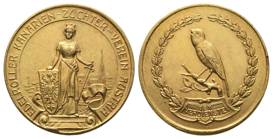  Österreich, Edelroller Kanarien-Züchter-Verein; vergoldete Bronzemedaille o.J.; 30,99 g; Ø 40,6 mm   