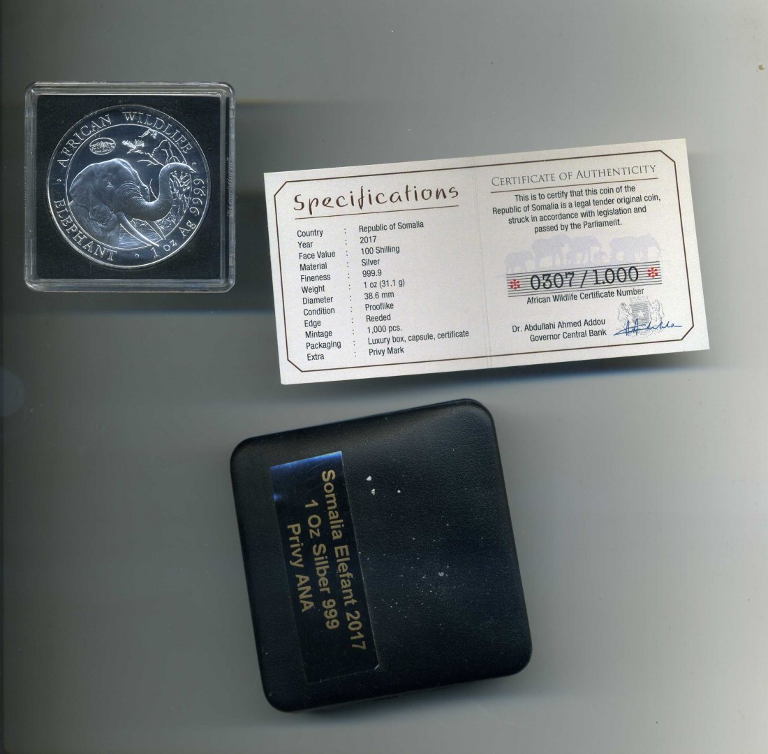  Somalia 100 Schilling 2017 PP Elefant mit Privy Mark ANA mit Etui + Zert. nur 1000 Stück   