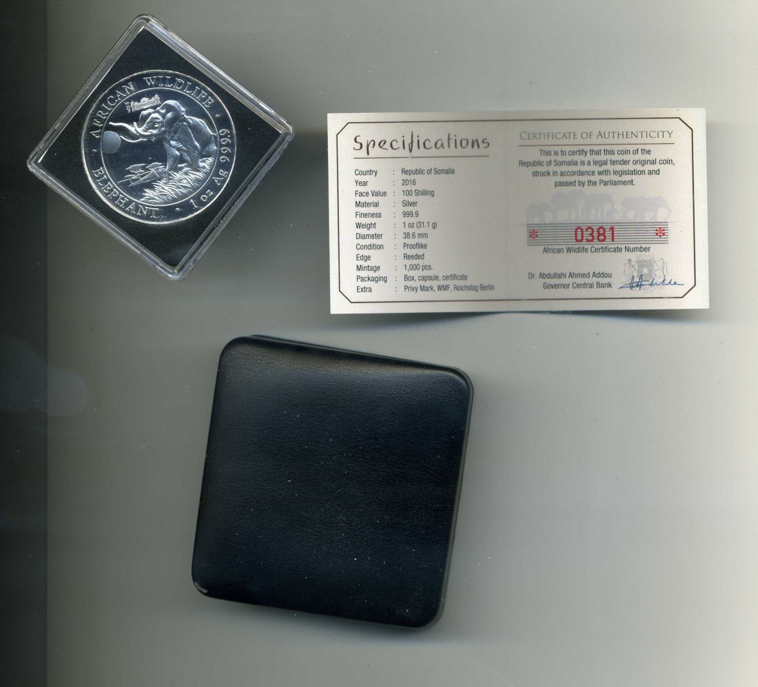 Somalia 100 Schilling 2016 PP Elefant mit Privy Mark WMF mit Etui + Zert. nur 1000 Stück