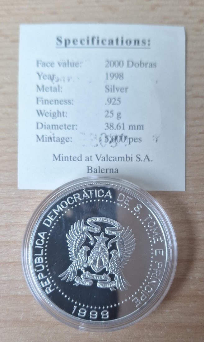  Silbermünze St.Thomas and Prince, 2000 Dobras 1998, 25 g 925er Silber, Kalender   