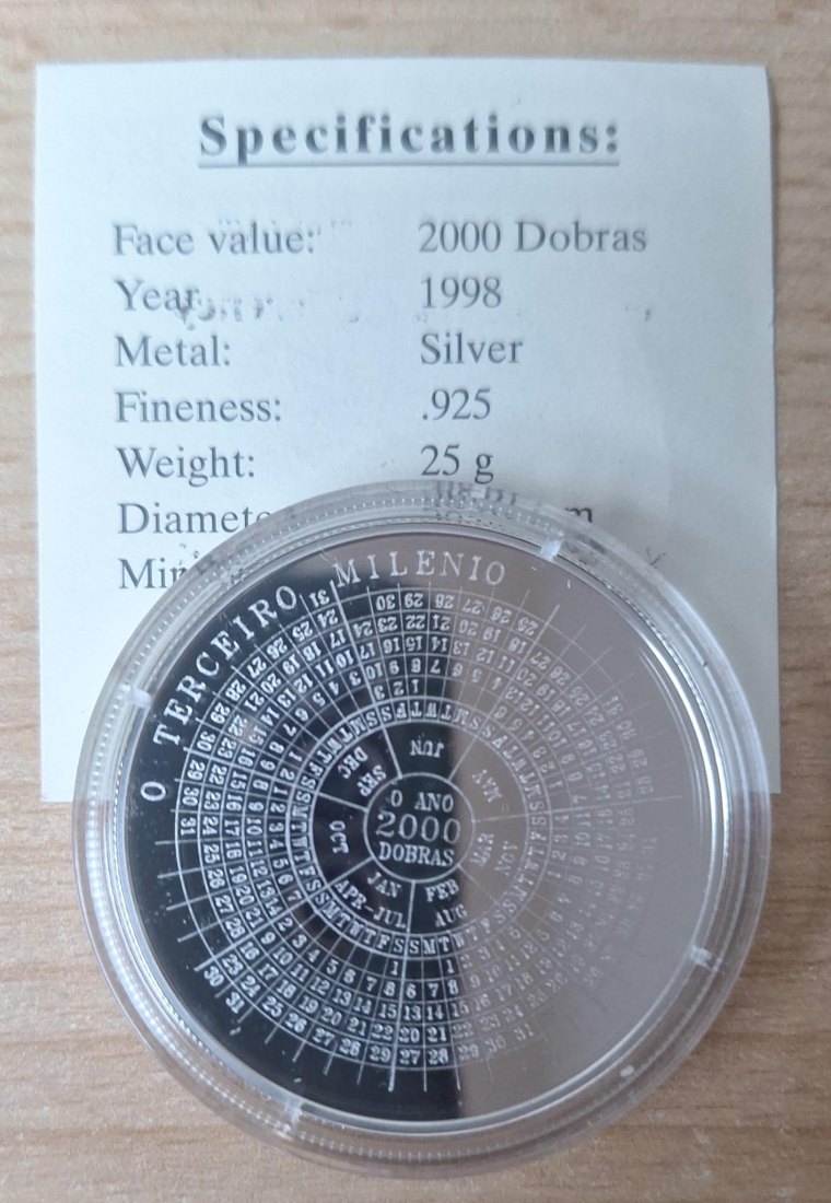  Silbermünze St.Thomas and Prince, 2000 Dobras 1998, 25 g 925er Silber, Kalender   