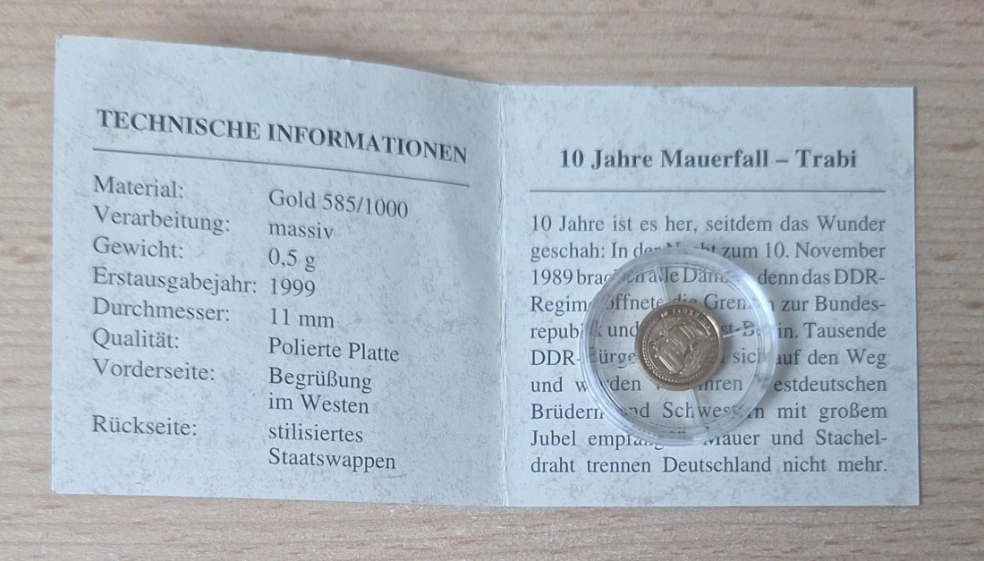 Gold Medaille 10 Jahre Mauerfall, Trabi, 585er Gold   