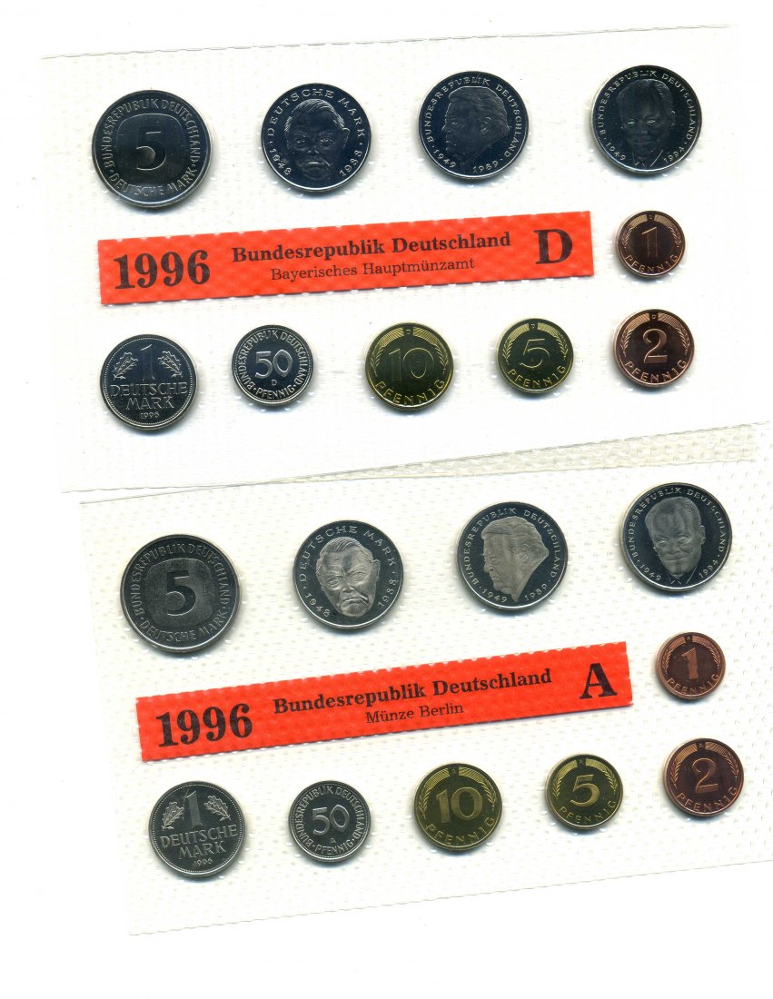  Original Kursmünzensatz 1996 stempelglanz A,D,F,G+J komplett im Blister   