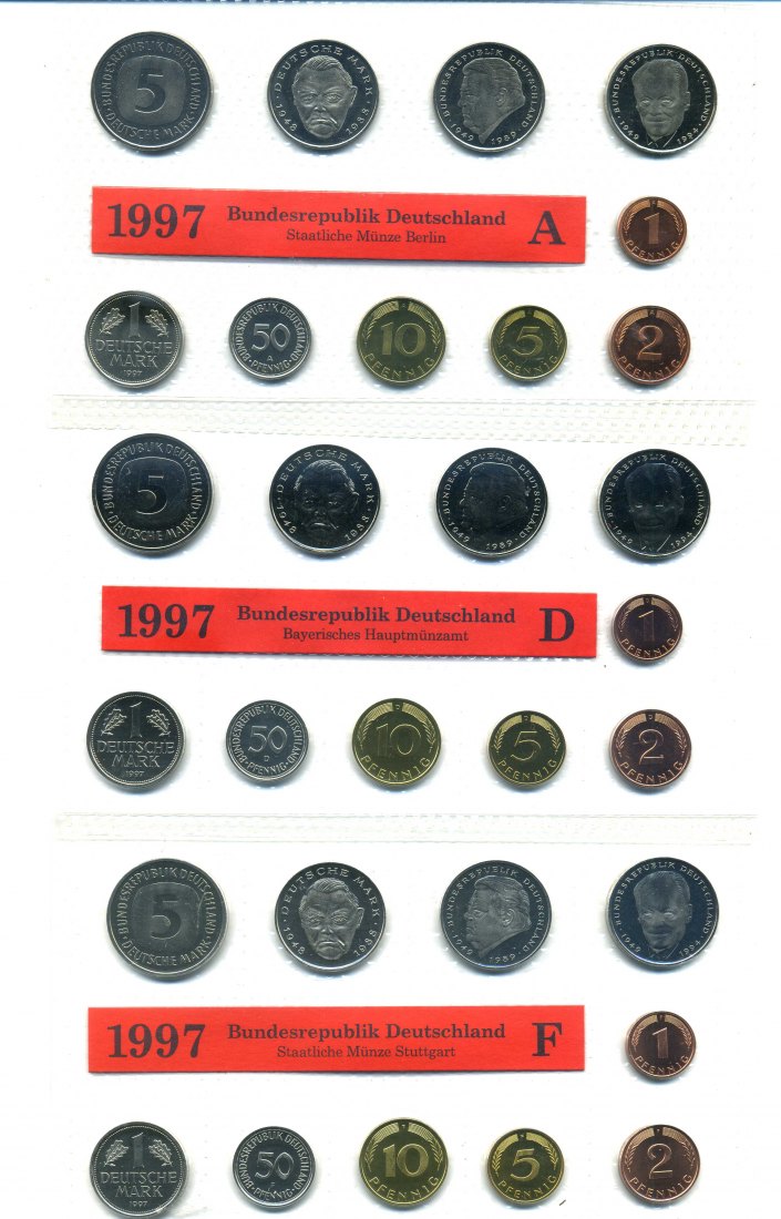  Original Kursmünzensatz 1997 stempelglanz A,D,F,G+J komplett im Blister   