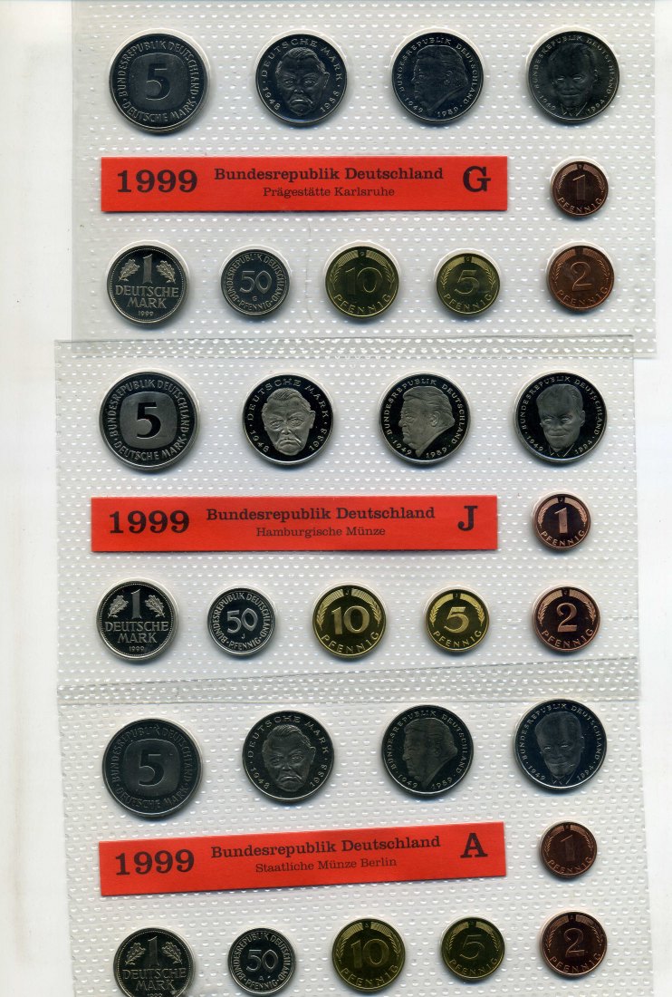  Original Kursmünzensatz 1999 stempelglanz A,D,F,G+J komplett im Blister   