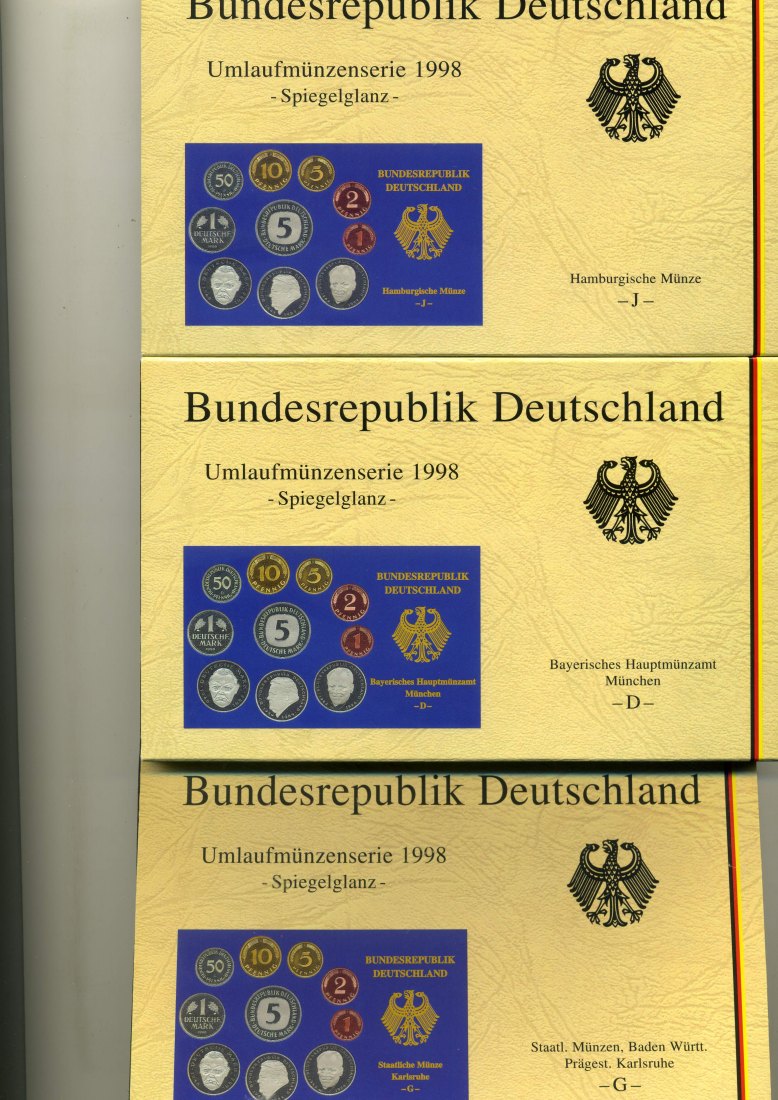 Original Kursmünzensatz 1998 PP A,D,F,G+J komplett OVP