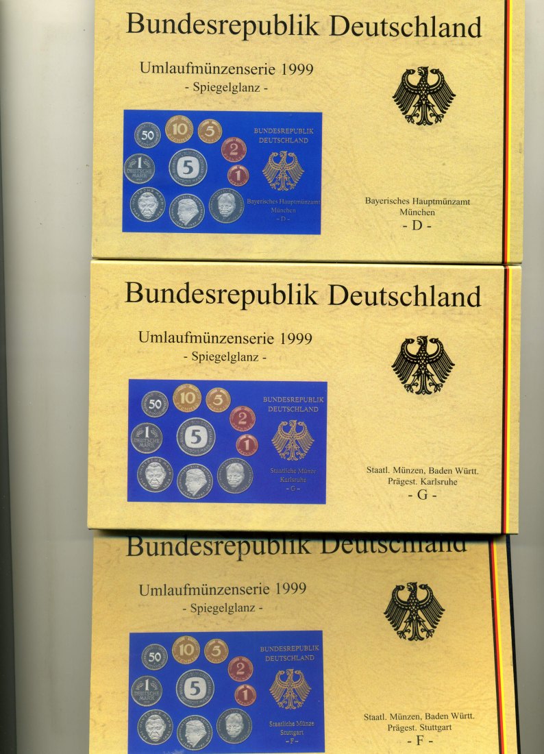Original Kursmünzensatz 1999 PP A,D,F,G+J komplett OVP