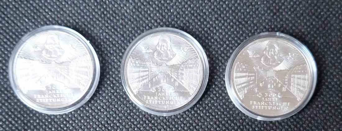  Silbermünzen: 3 x 10 DM 1998 A, Franckesche Stiftungen, gesamt 42,96 g fein   
